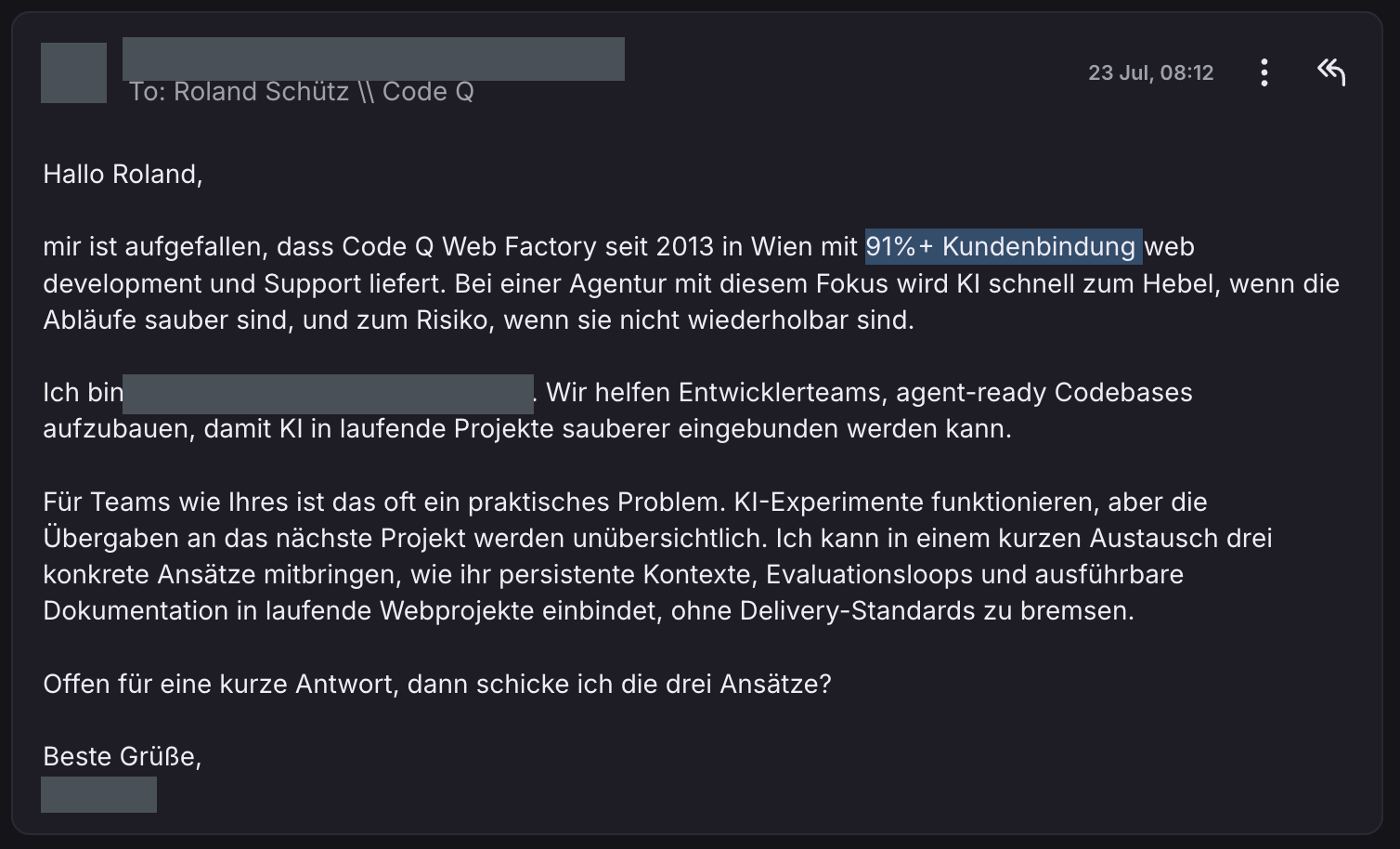 Zweite Kalt-Akquise-Mail mit gleichem Aufbau und derselben hervorgehobenen Kennzahl. Absendername und Adresse sind geschwärzt.