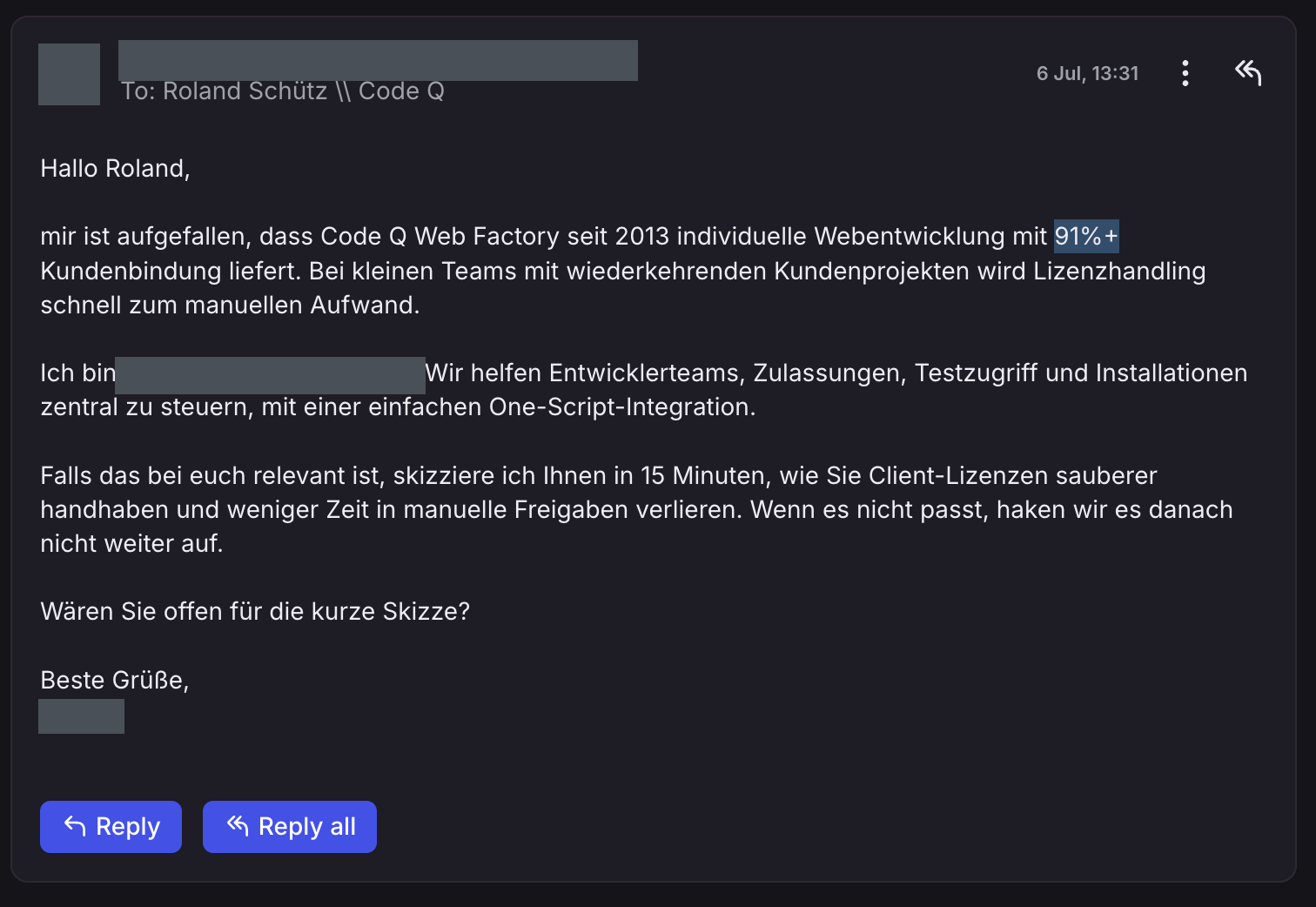 Dritte Kalt-Akquise-Mail mit gleichem Aufbau und derselben hervorgehobenen Kennzahl. Absendername und Adresse sind geschwärzt.